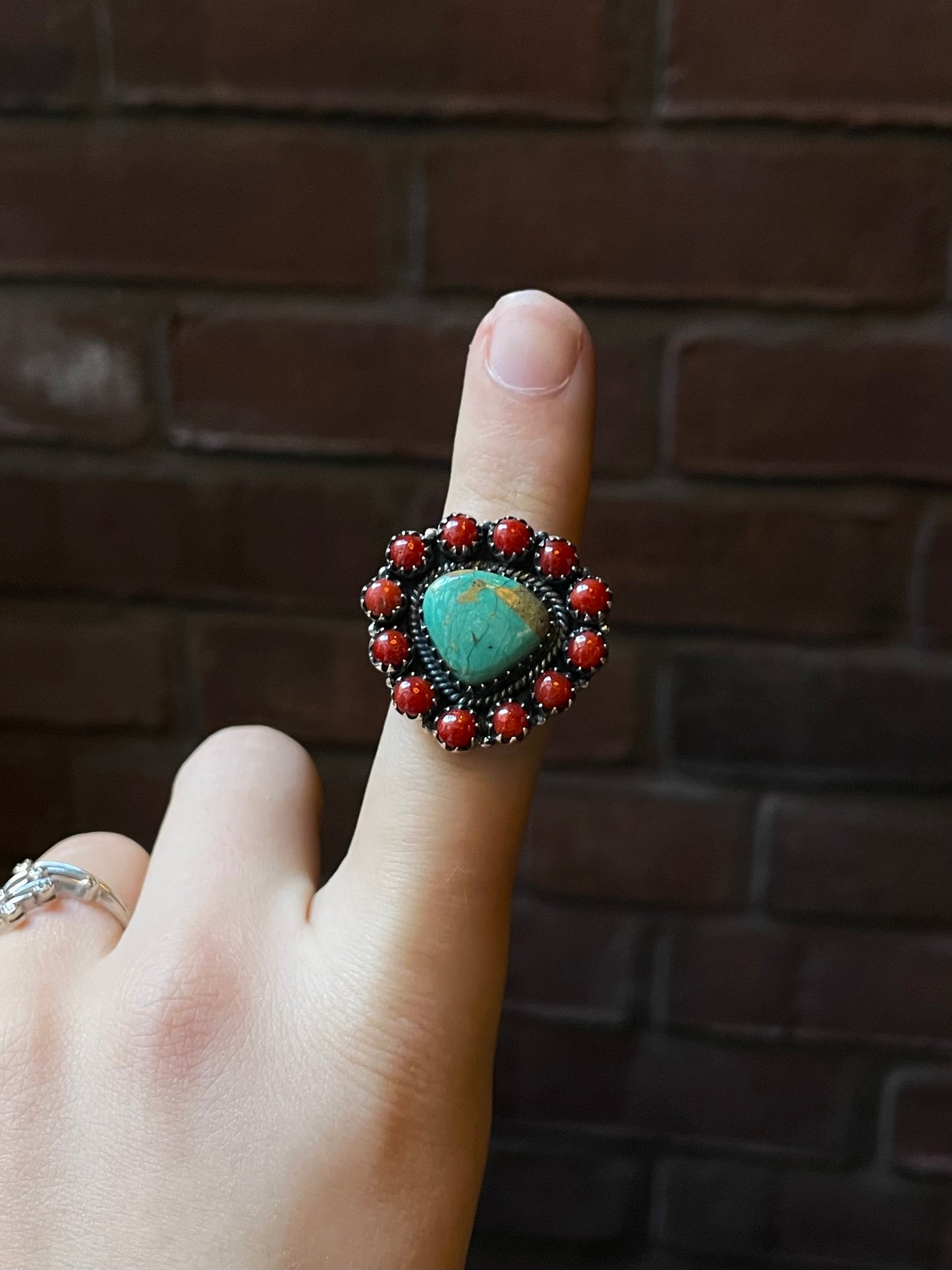 Kingman Turquoise Coral Cluster Ring | Sterling Silver | Size 8 | A209
