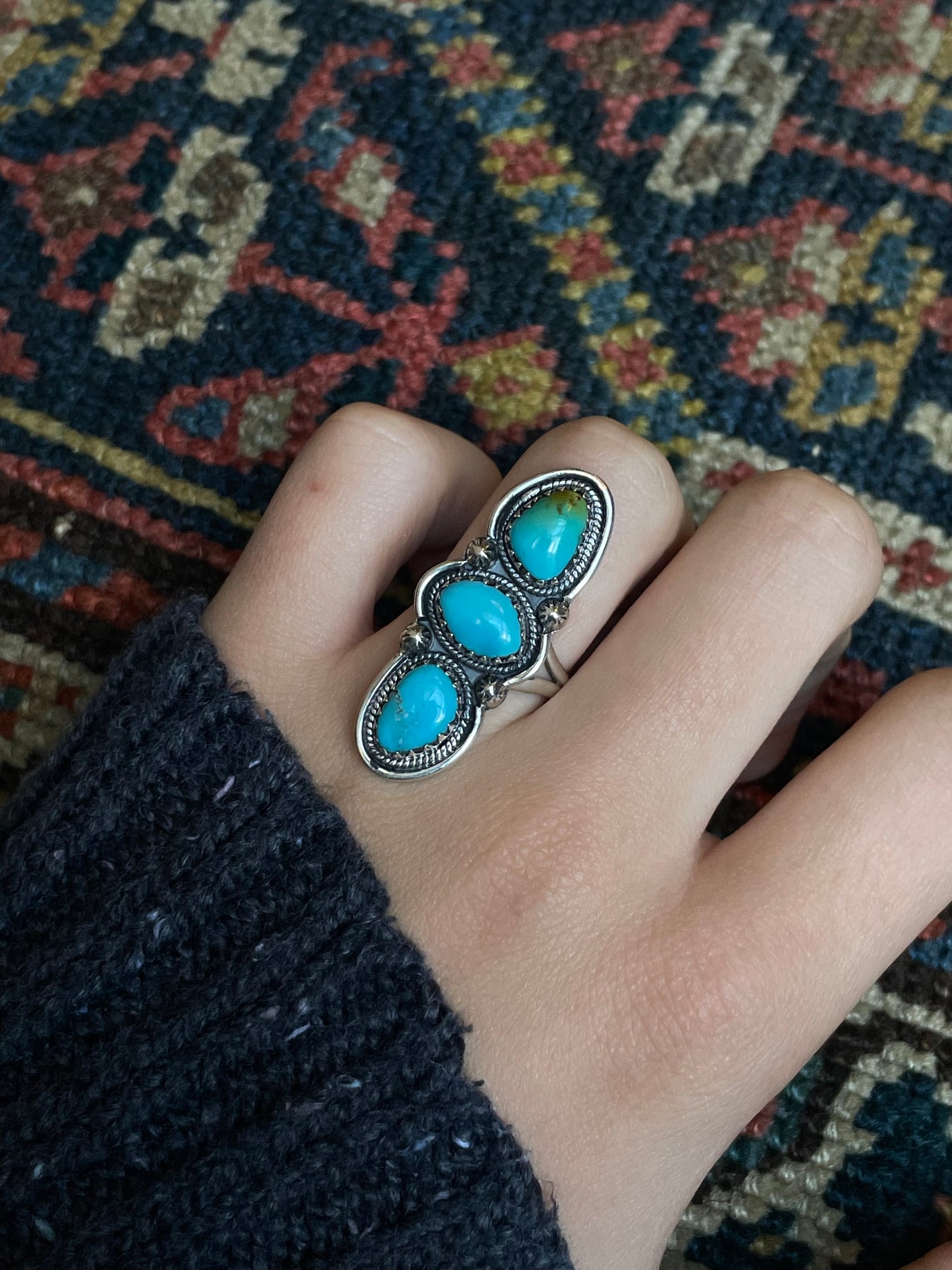 Kingman Turquoise 3 Stone Ring Size 8 | 925 Sterling Silver C583