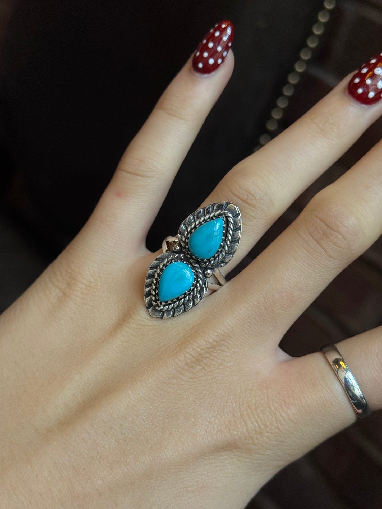 Turquoise Double Stone Ring | 925 Sterling Silver | Size 8.5 C327