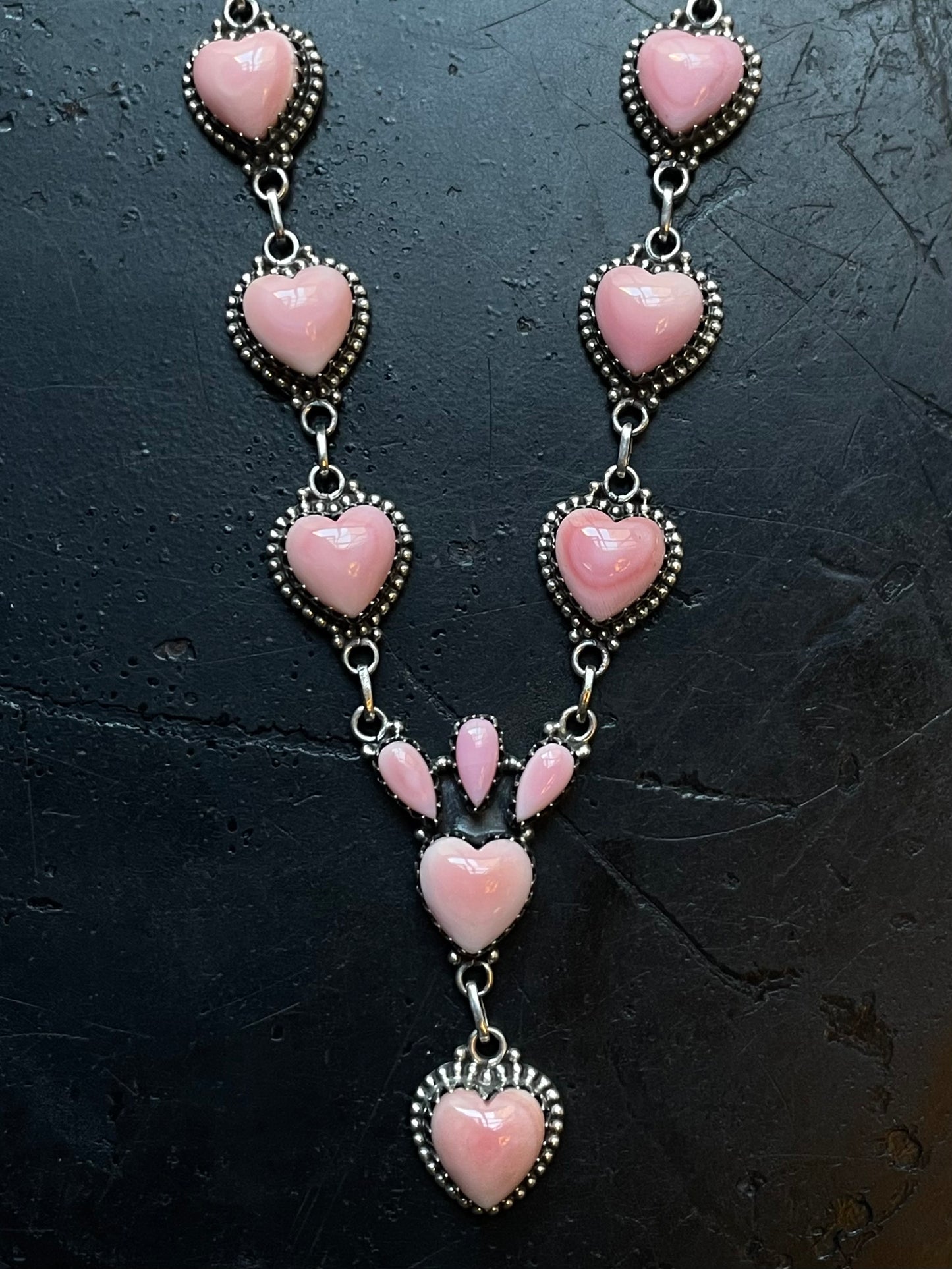 Pink Conch Heart Lariat Necklace | Drop Cluster | 925 Silver E576