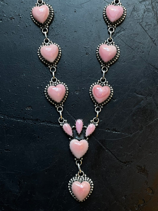 Pink Conch Heart Lariat Necklace | Drop Cluster | 925 Silver E576