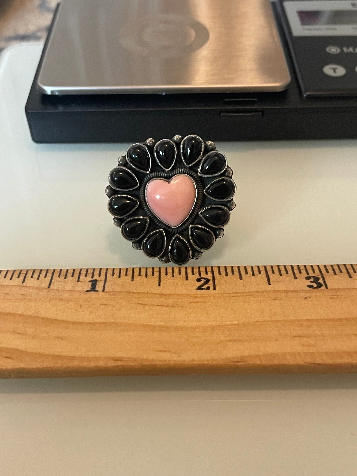 Pink Conch Heart & Black Onyx Cluster Ring | Sterling Silver | Size 6 G340