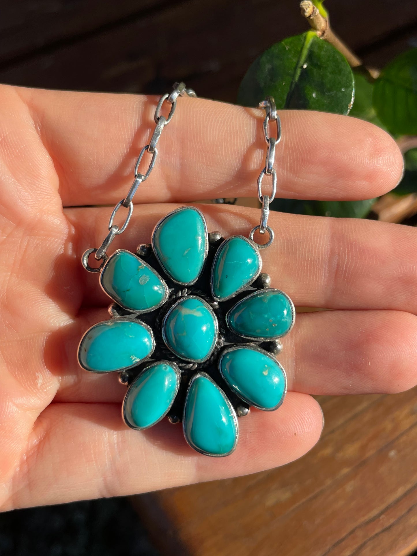 Kingman Turquoise Flower Necklace | Sterling Silver 925 Cluster| B891