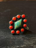 Kingman Turquoise Coral Cluster Ring | Sterling Silver | Size 7 | A165