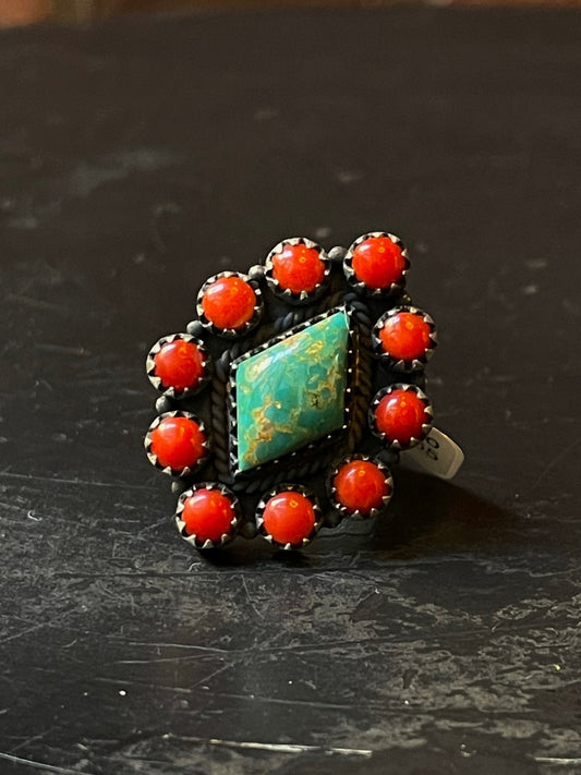 Kingman Turquoise Coral Cluster Ring | Sterling Silver | Size 7 | A165