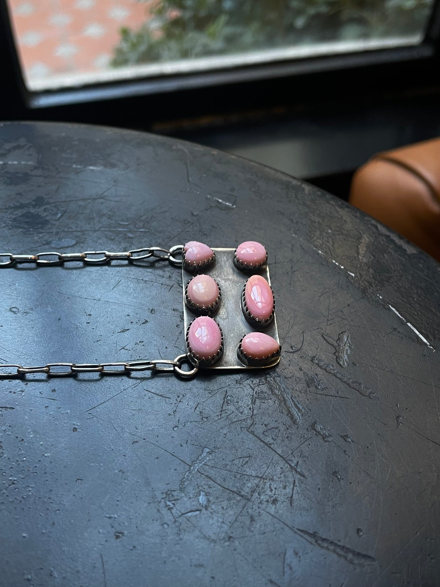 Pink Conch Necklace | Heart Accent Bar | 925 Silver E569