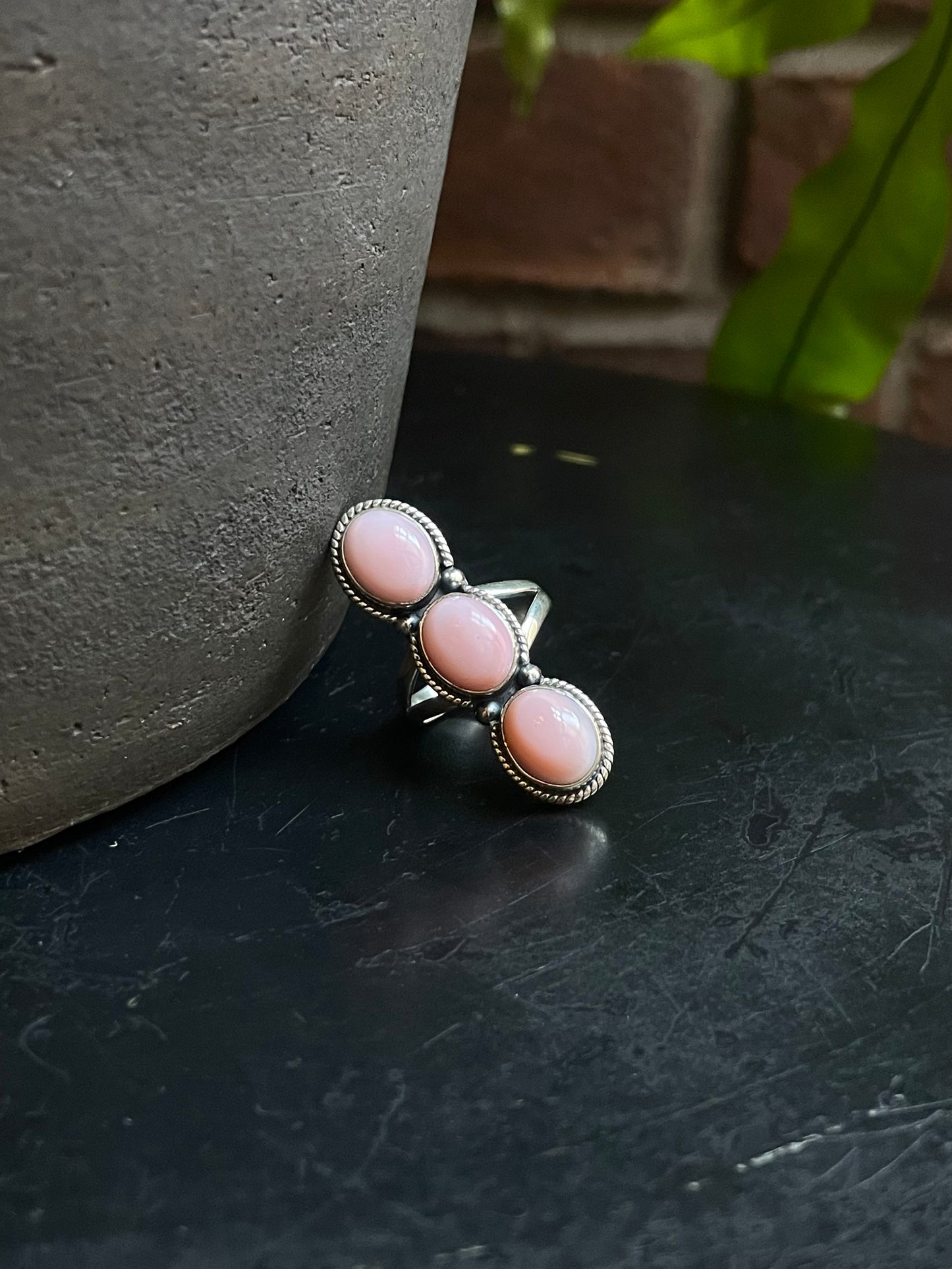Pink Conch Triple Stone Ring | Sterling Silver 925 | Size 8 C606