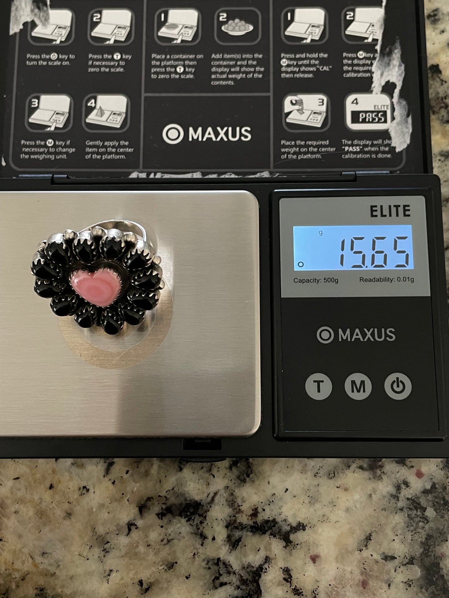 Pink Conch & Black Onyx Cluster Ring | 925 Sterling Silver | Size 9 E310