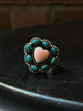 Pink Conch Heart & Kingman Turquoise Cluster Ring Size 8 | 925 Sterling Silver E416