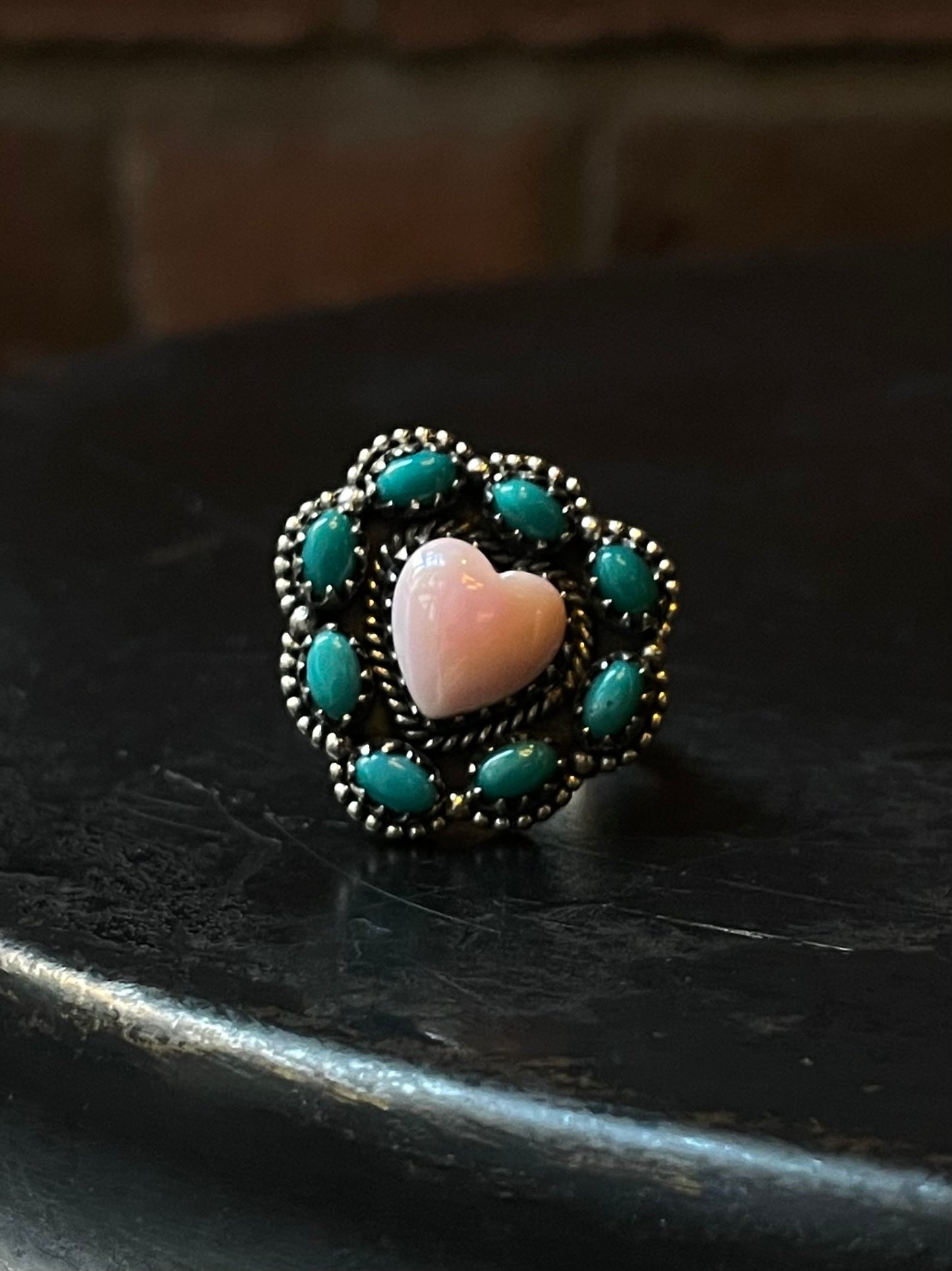 Pink Conch Heart & Kingman Turquoise Cluster Ring Size 8 | 925 Sterling Silver E416
