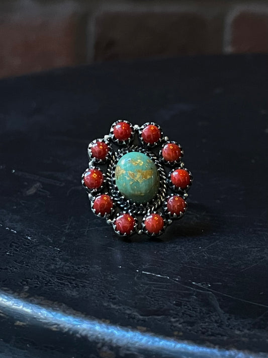 Kingman Turquoise Coral Cluster Ring | Sterling Silver | Size 9 | A201