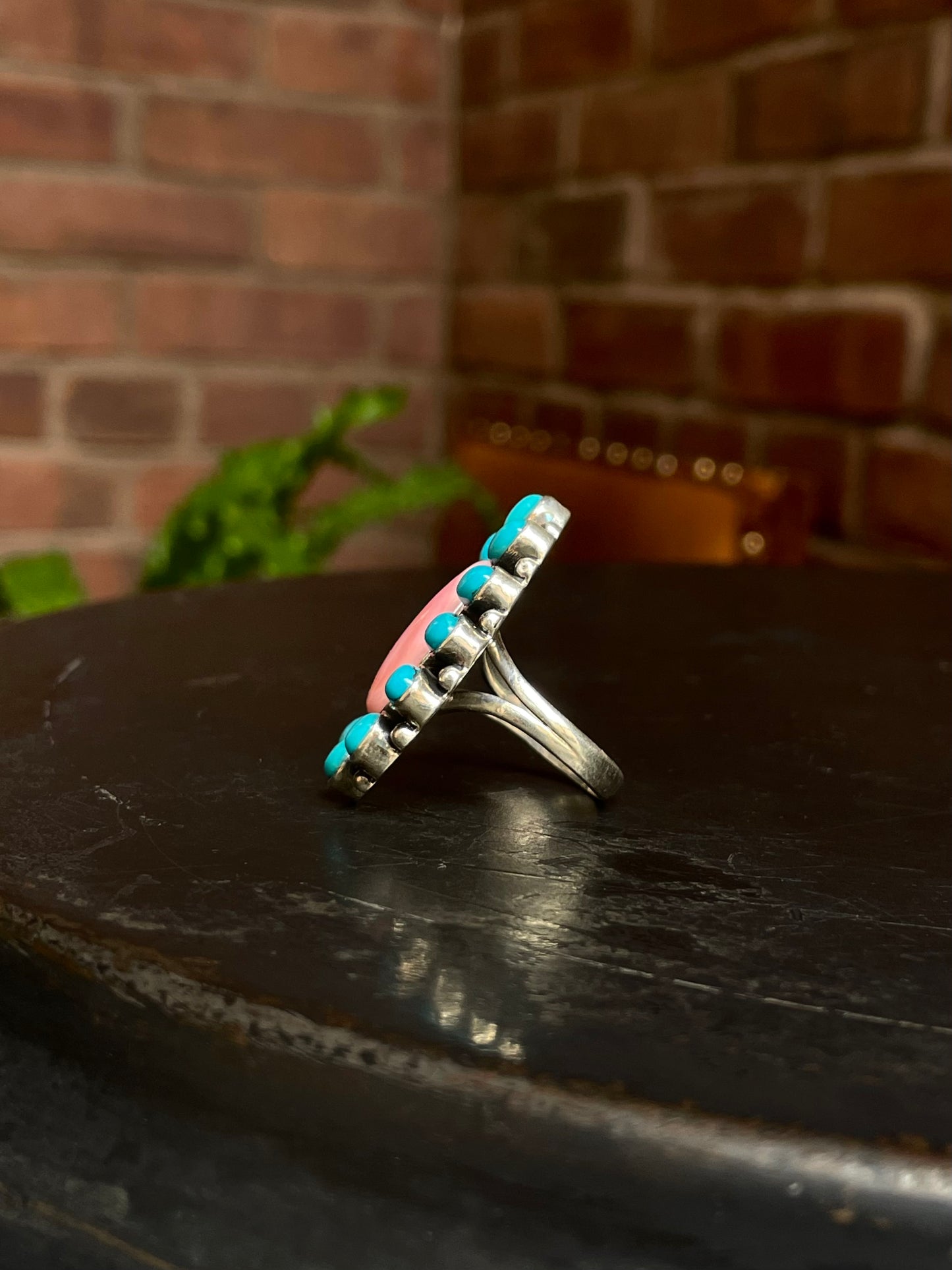 Pink Conch Kingman Turquoise Cluster Ring Size 8 | Sterling Silver E764