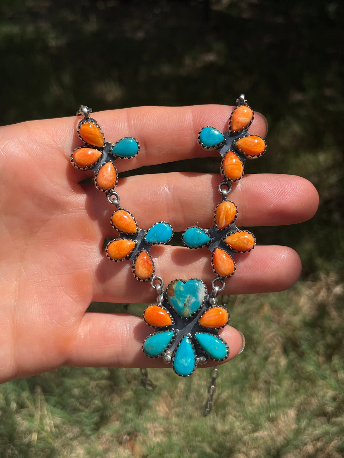 Turquoise & Spiny Oyster Floral Necklace | 925 Sterling Silver D251