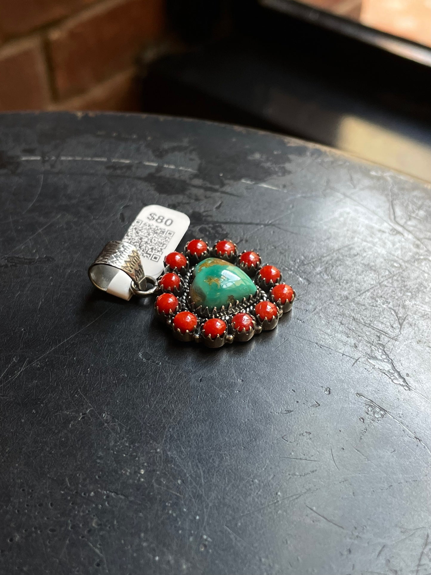 Kingman Turquoise Coral Cluster Pendant | Sterling Silver | A518