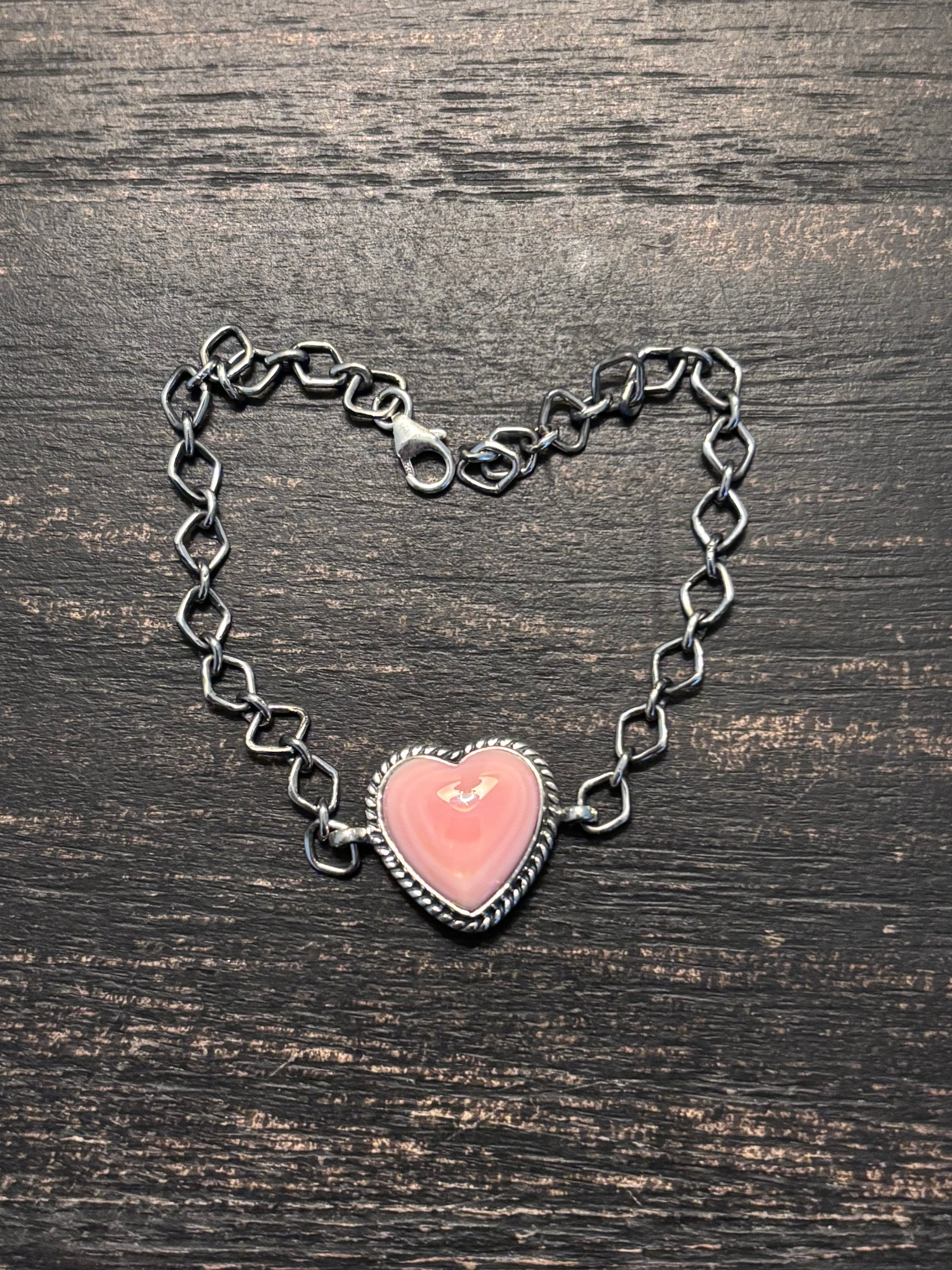 Pink Conch Heart Link Bracelet | 925 Sterling Silver Southwestern Style A119