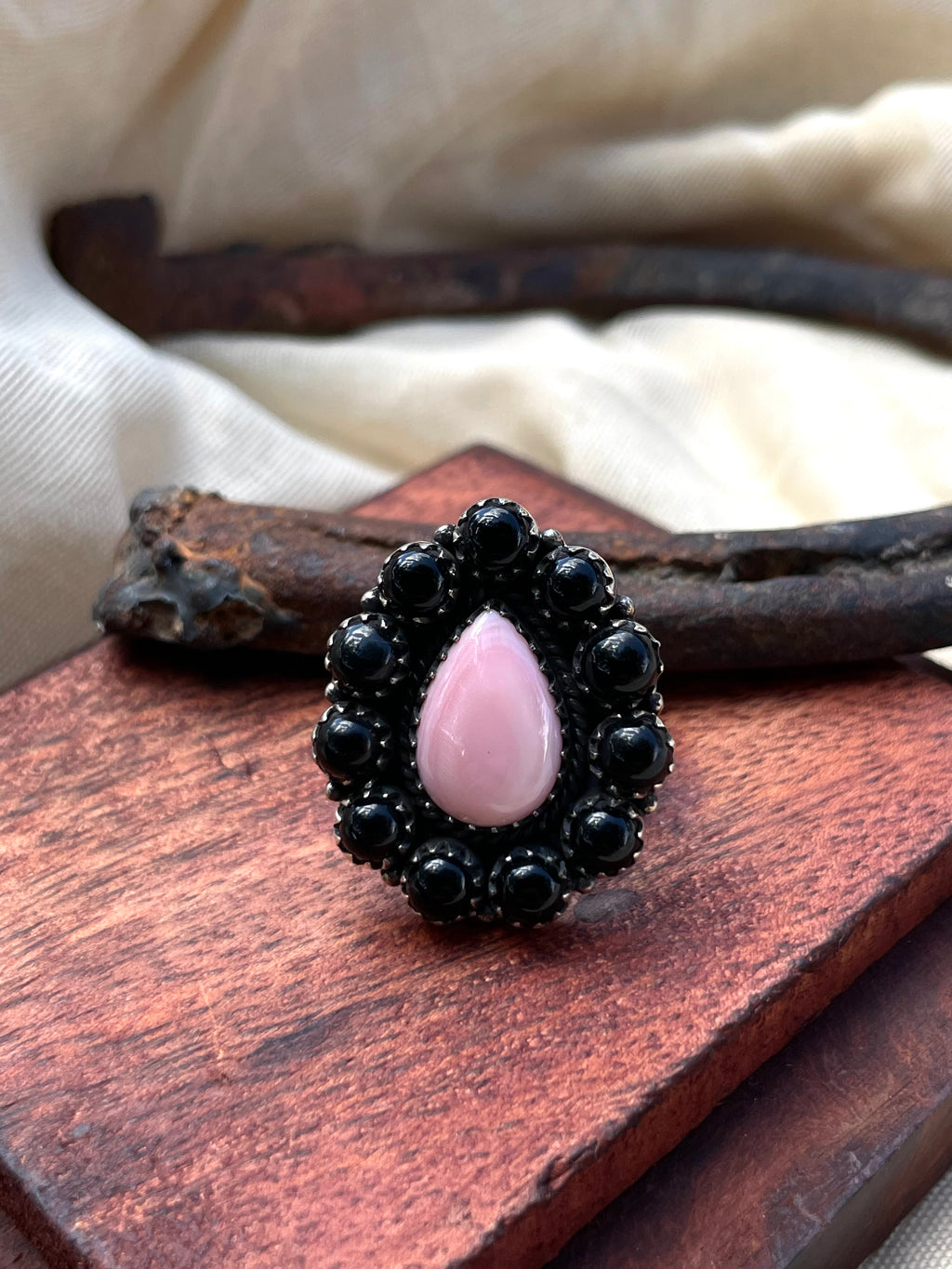 Pink Conch Teardrop Ring | Black Onyx | 925 Sterling Silver | Size 6 E289