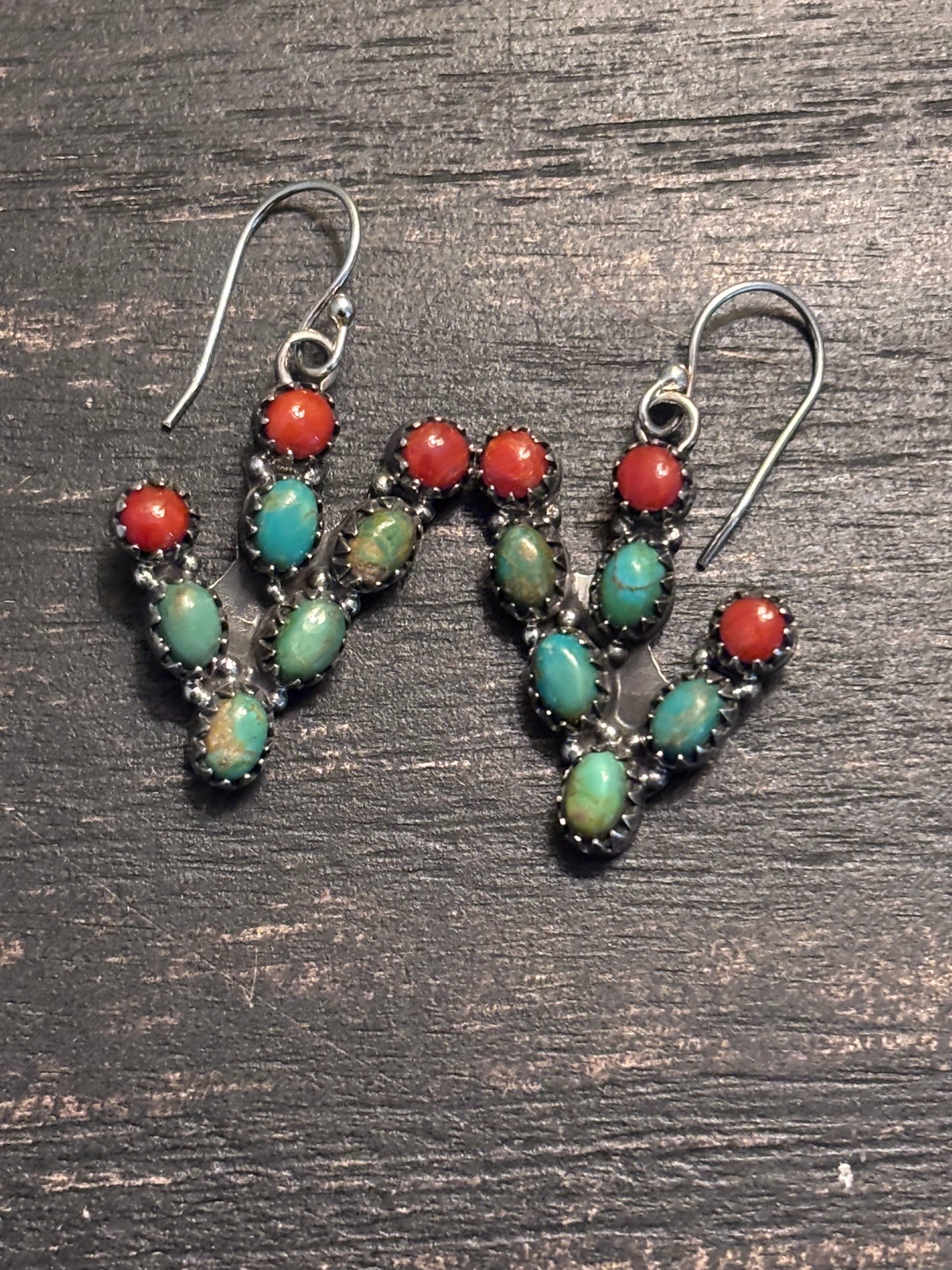 Turquoise Coral Prickly Pear Dangle Earrings | Sterling Silver A093