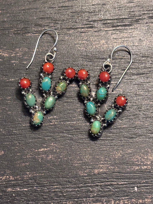 Turquoise Coral Prickly Pear Dangle Earrings | Sterling Silver A093