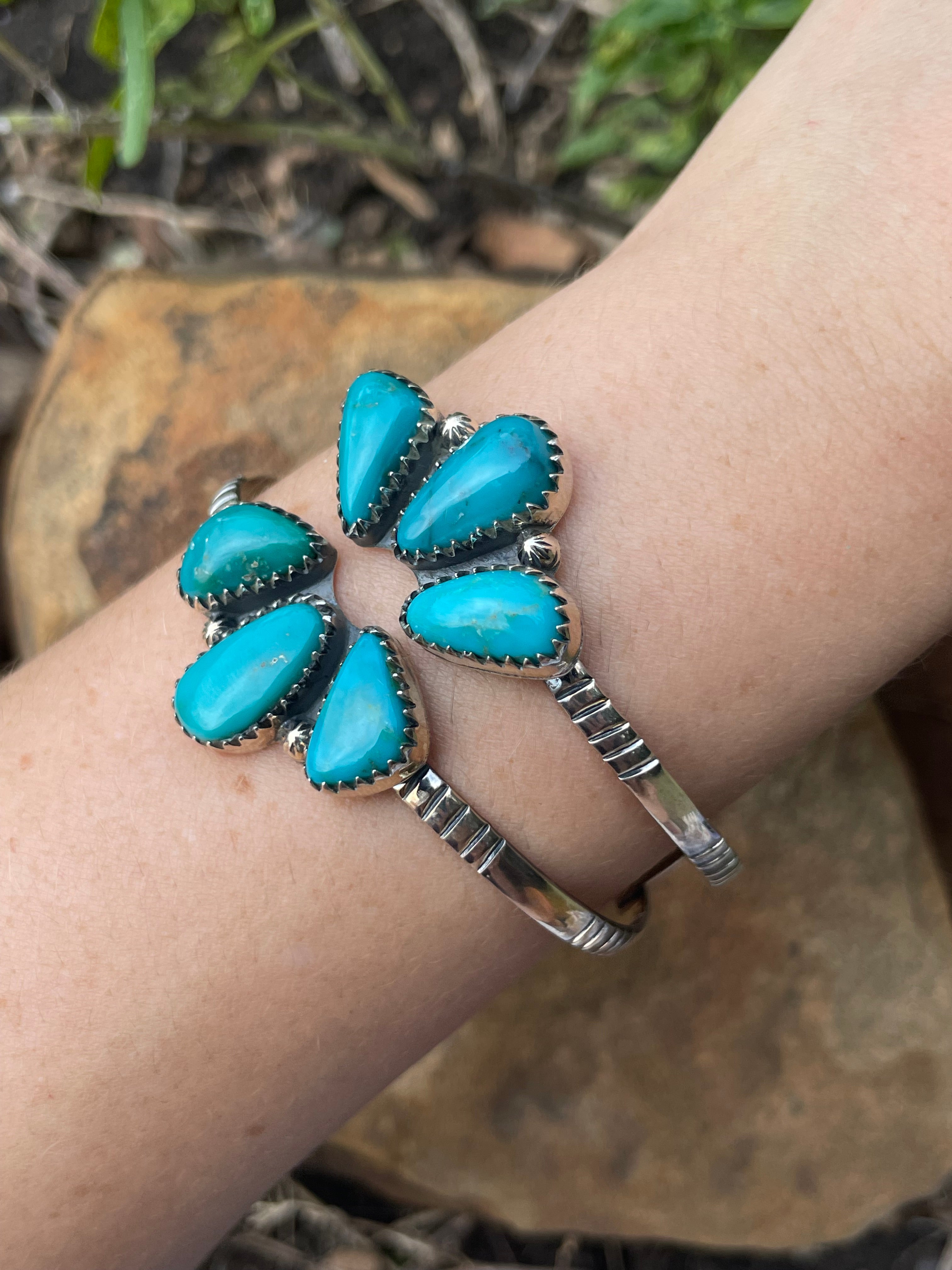 Turquoise Split Cluster Cuff Bracelet | Sterling Silver 925 | B514