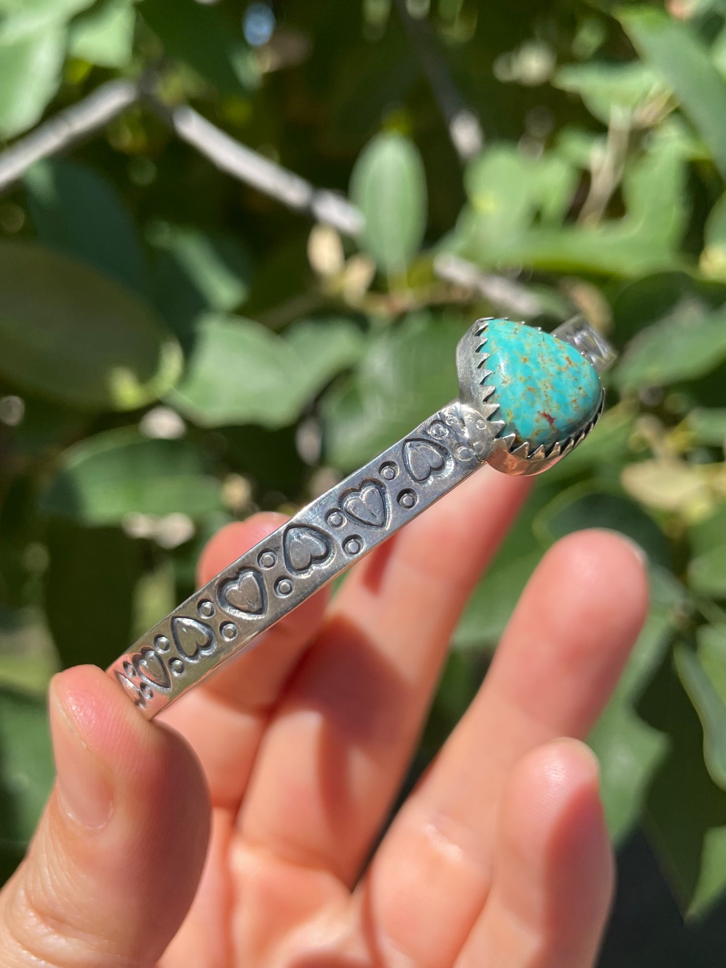 Kingman Turquoise Heart Stamped Cuff Bracelet | Sterling Silver D144