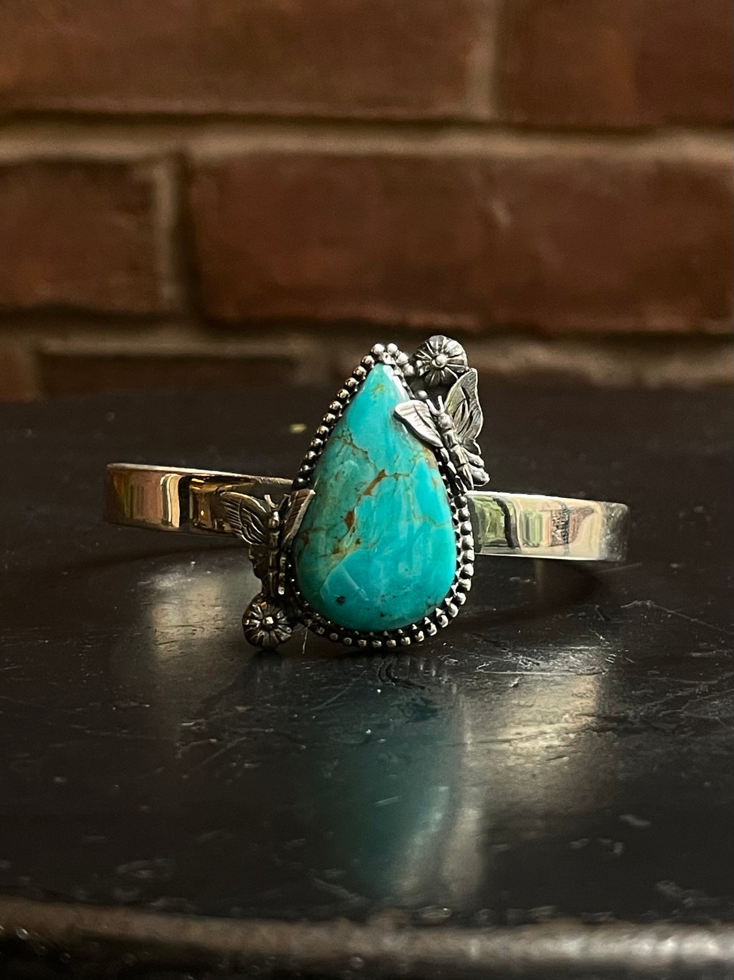 Kingman Turquoise Cuff | Teardrop Floral | 925 Silver E685