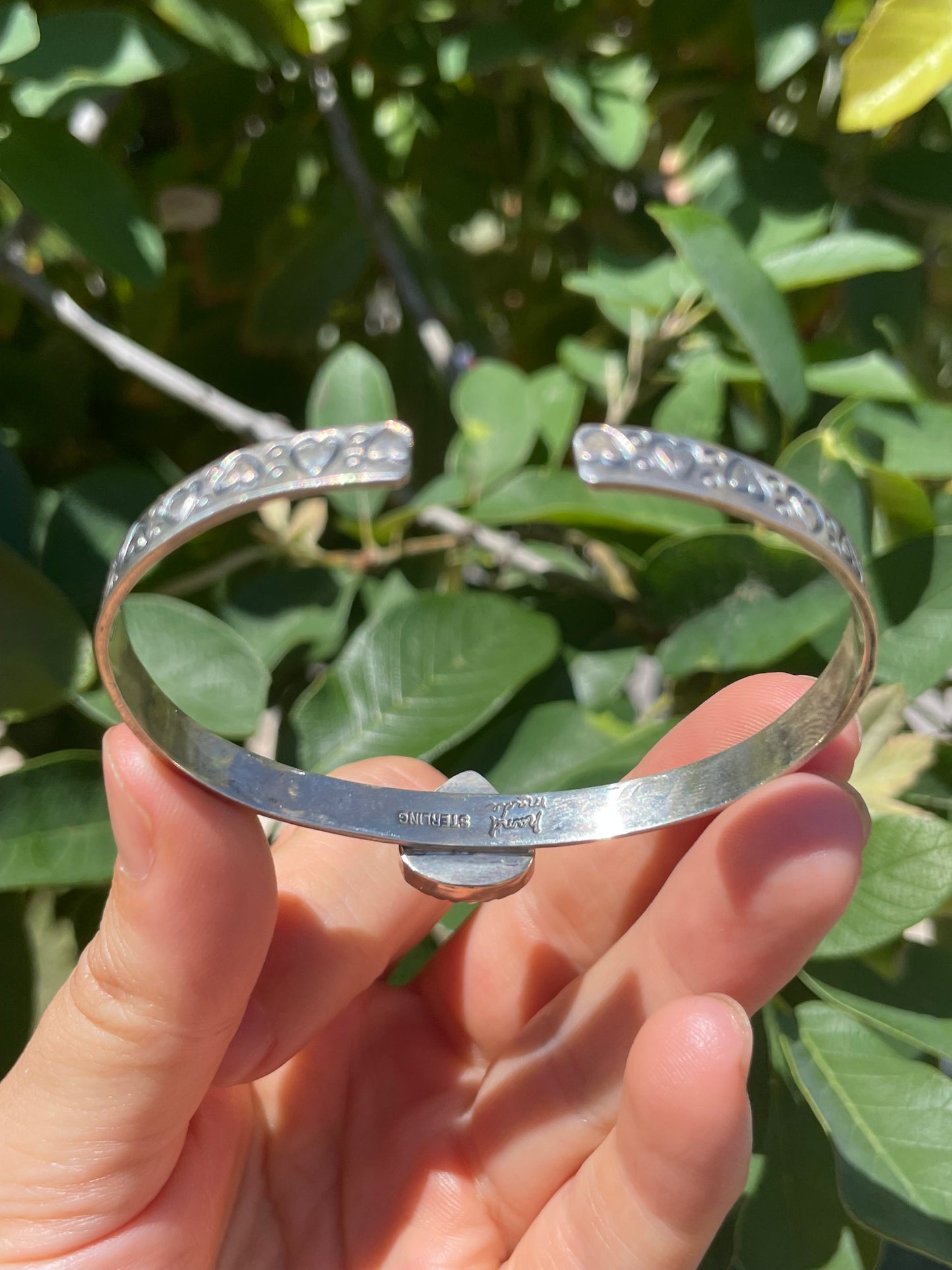 Kingman Turquoise Heart Stamped Cuff Bracelet | Sterling Silver D144