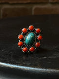 Kingman Turquoise Coral Cluster Ring | Sterling Silver | Size 6 | A192