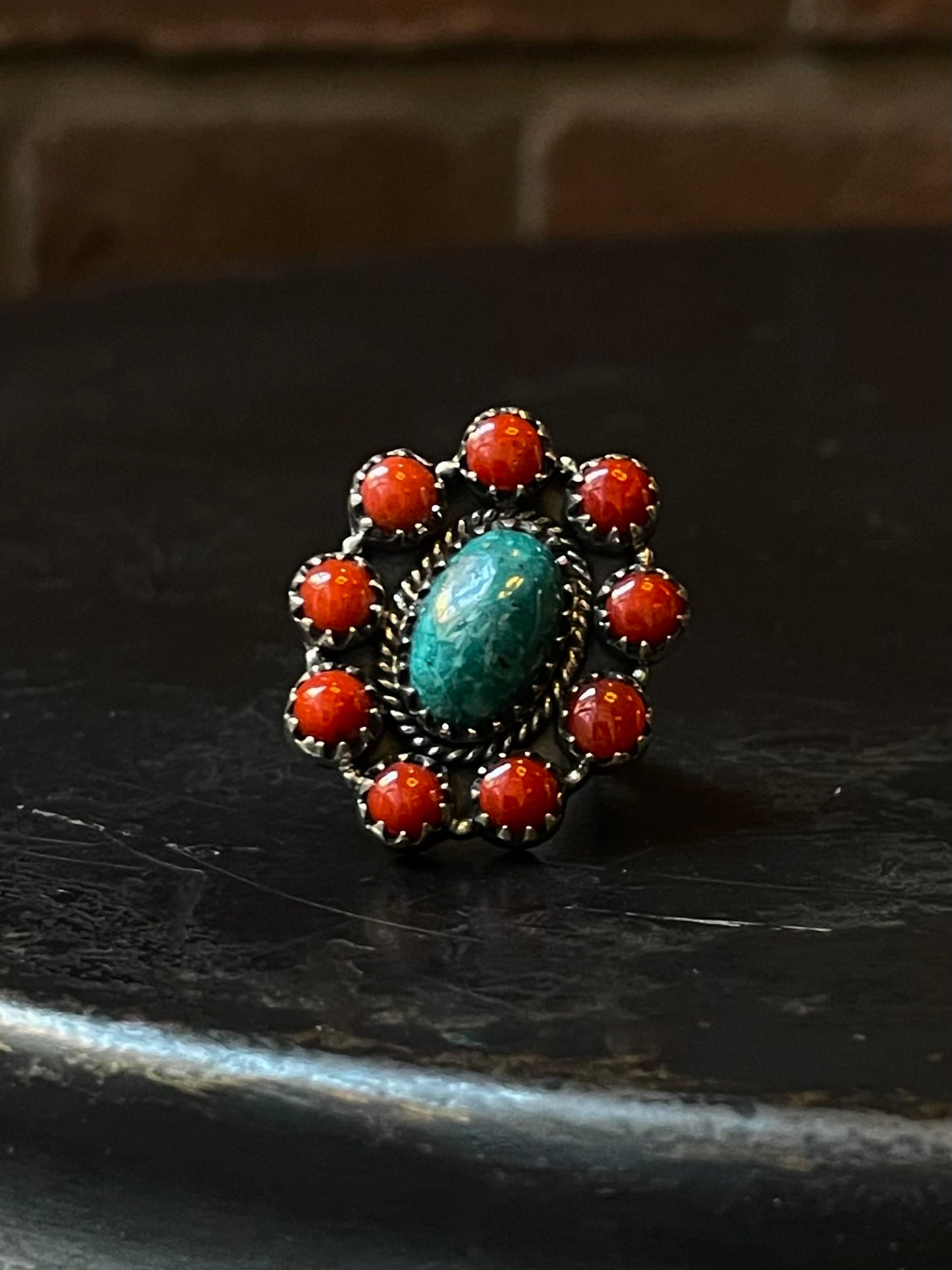 Kingman Turquoise Coral Cluster Ring | Sterling Silver | Size 6 | A192