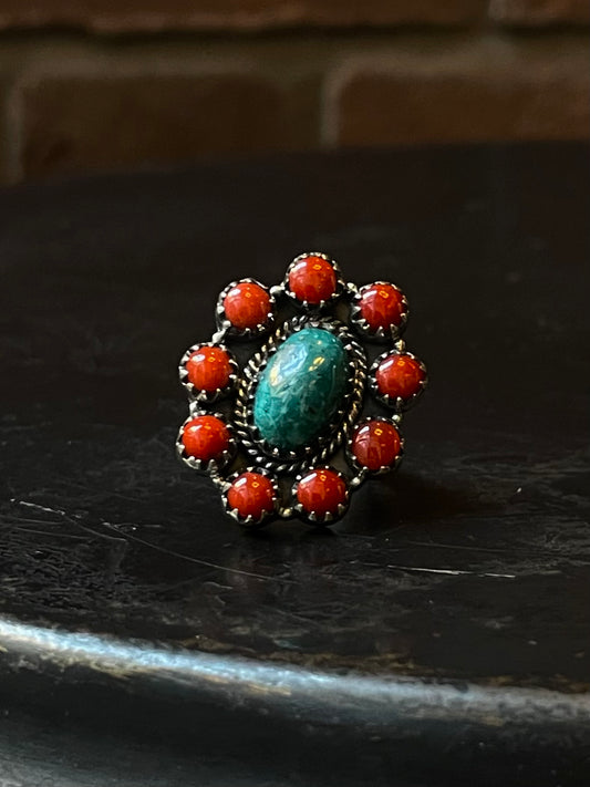 Kingman Turquoise Coral Cluster Ring | Sterling Silver | Size 6 | A192