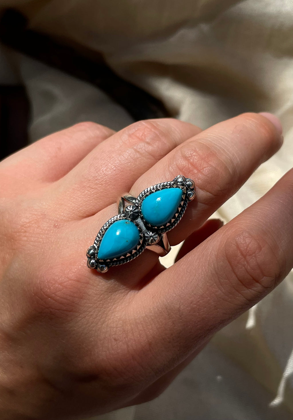 Turquoise Double Stone Ring Size 6 | 925 Sterling Silver C957