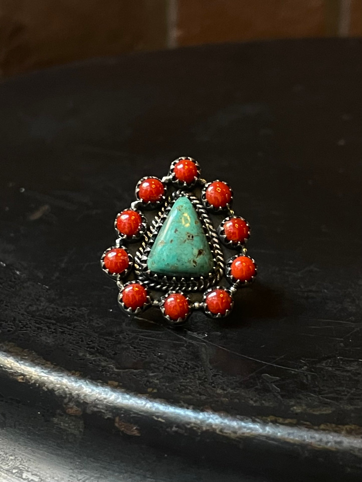 Kingman Turquoise Coral Cluster Ring | Sterling Silver | Size 7 | A189