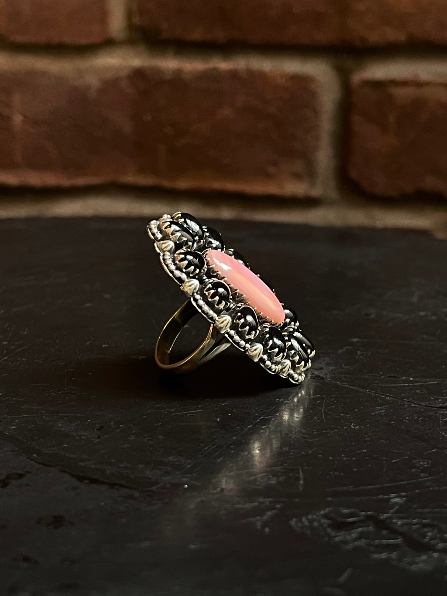 Pink Conch & Black Onyx Cluster Ring | Sterling Silver | Size 7 G339