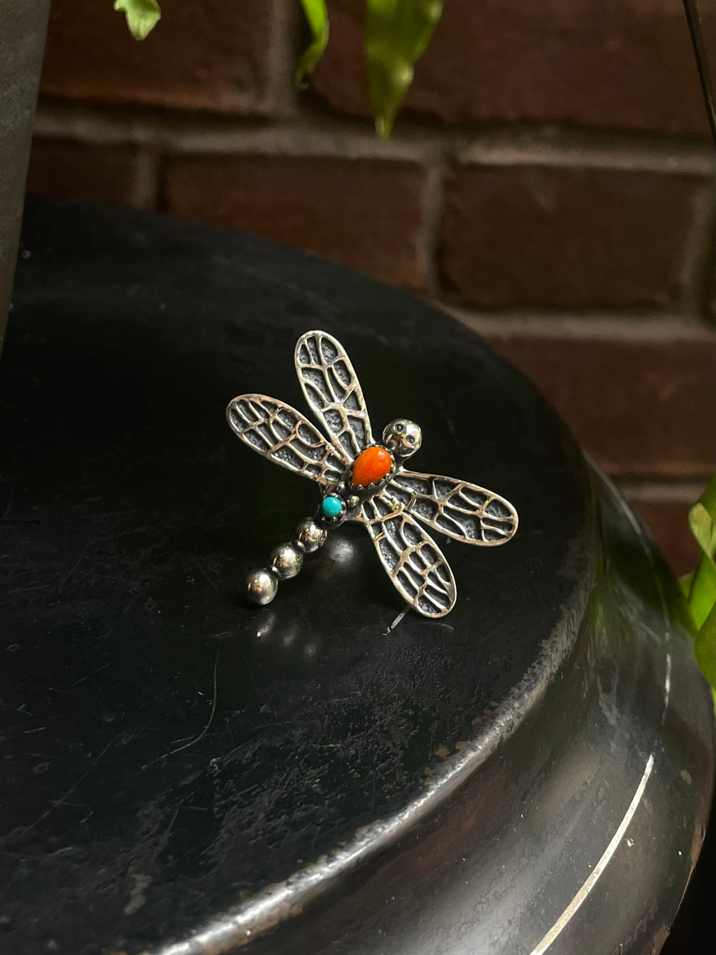 Spiny Oyster & Turquoise Dragonfly Ring | Sterling Silver 925 | Size 7.25 C693