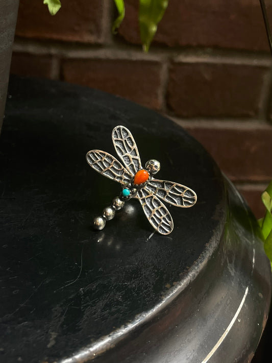 Spiny Oyster & Turquoise Dragonfly Ring | Sterling Silver 925 | Size 7.25 C693