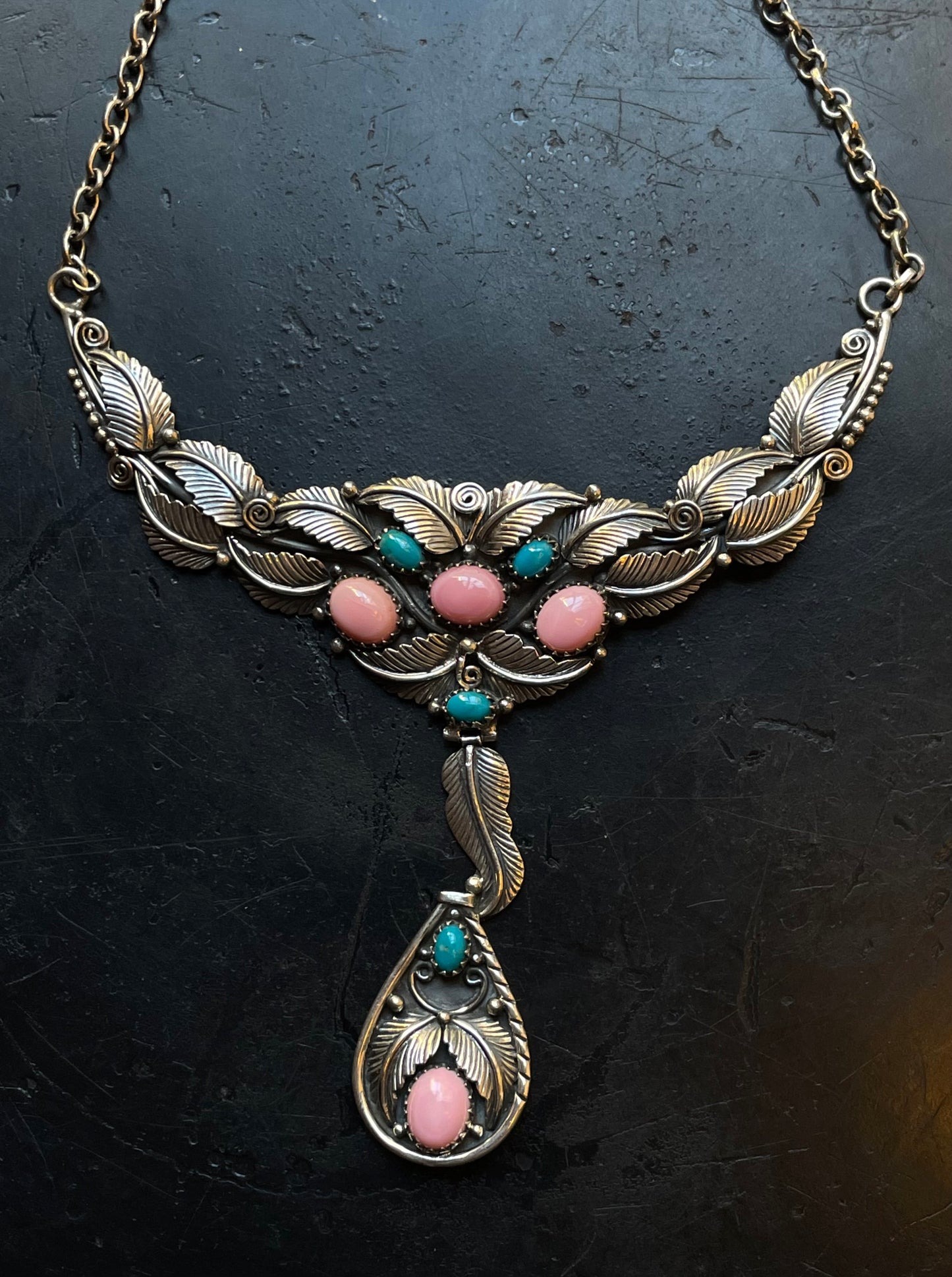 Pink Conch Turquoise Leaf Statement Necklace | Sterling Silver E828