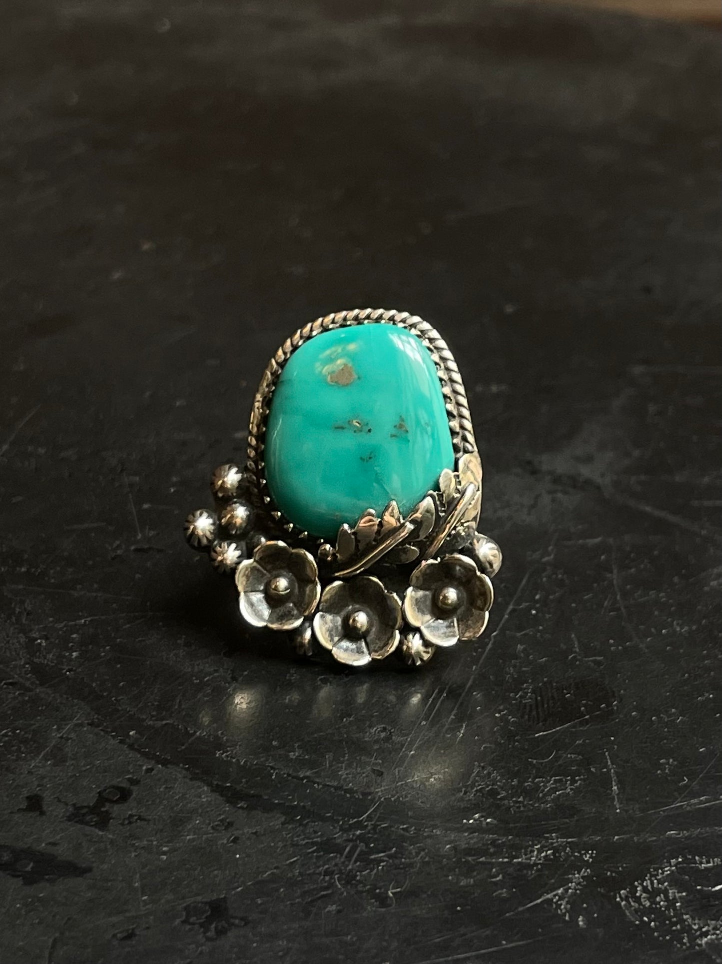 Kingman Turquoise Floral Ring | 925 Sterling Silver | Size 6 E286