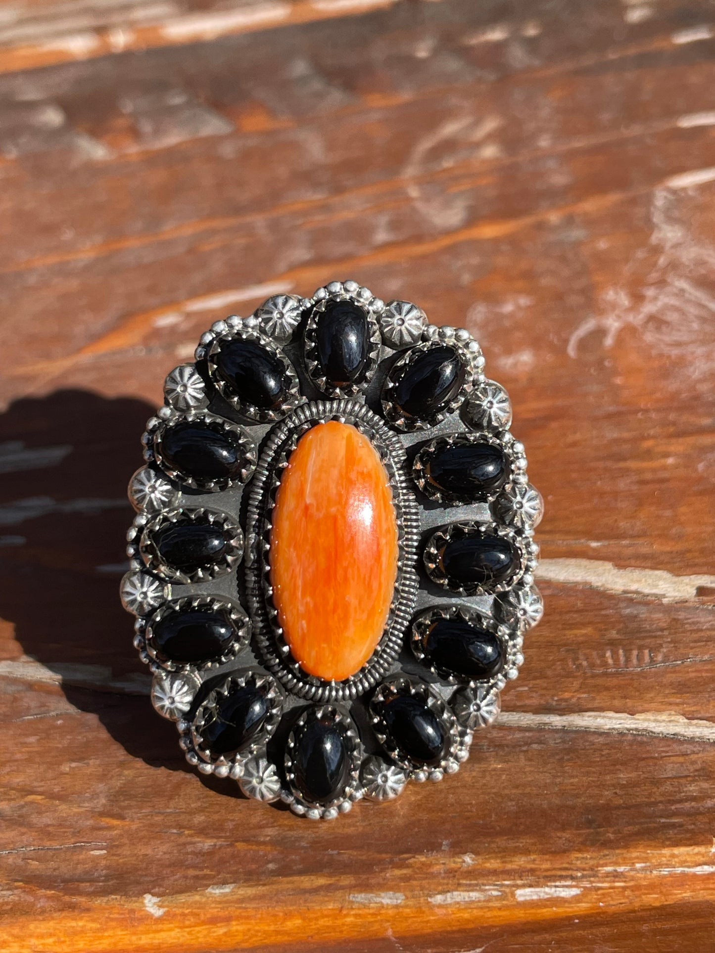 Spiny Oyster Black Onyx Cluster Ring Size 8.5 | 925 Sterling Silver D110