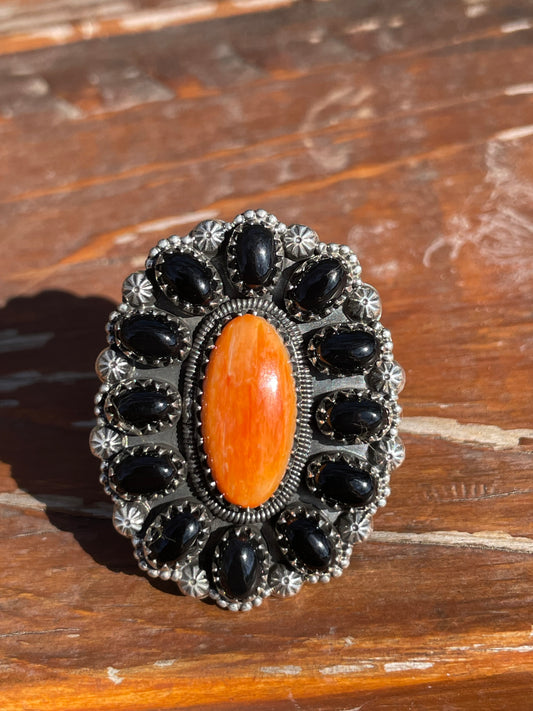 Spiny Oyster Black Onyx Cluster Ring Size 8.5 | 925 Sterling Silver D110