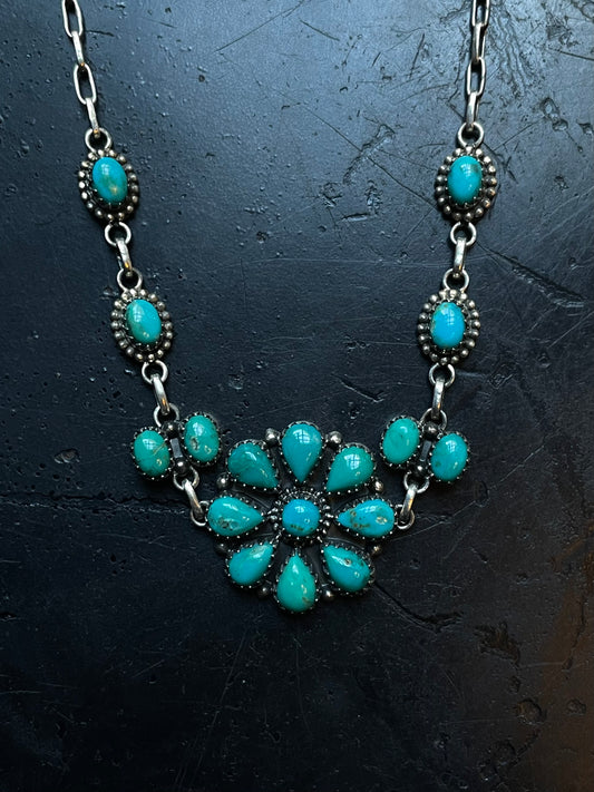 Kingman Turquoise Flower Necklace | 925 Sterling Silver E358