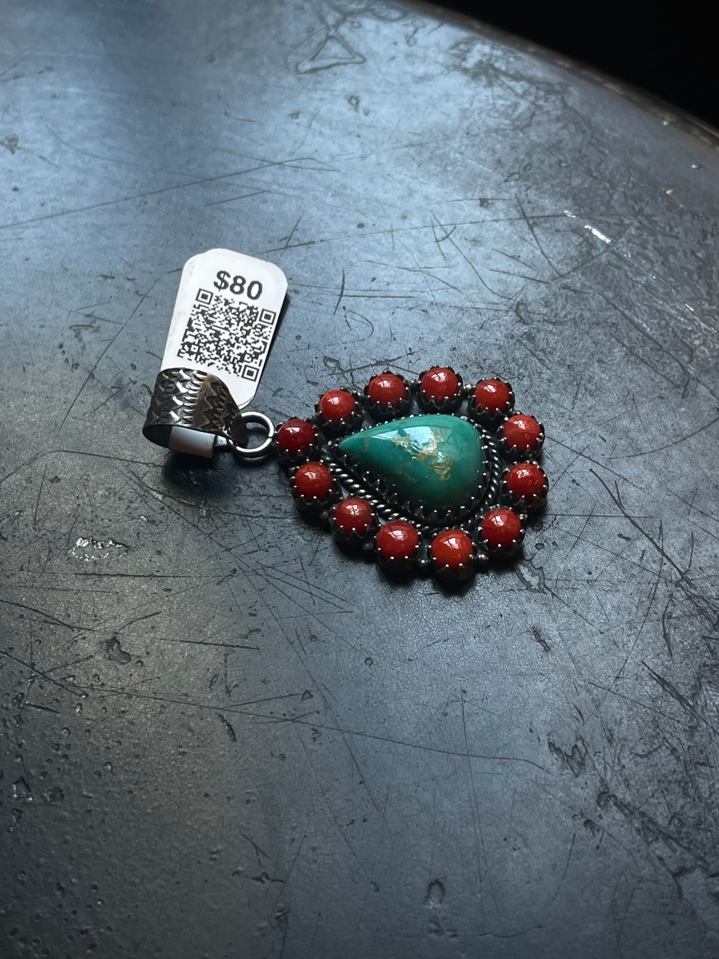 Kingman Turquoise Coral Cluster Pendant | Sterling Silver | A521