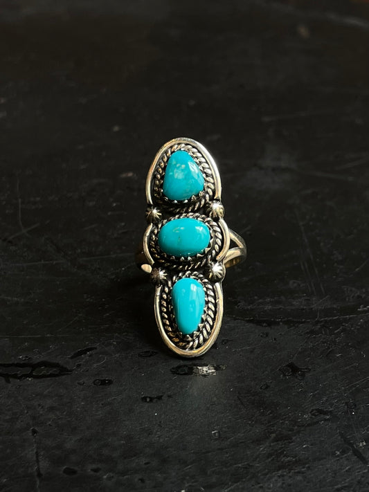 Kingman Turquoise Triple Stone Ring Size 6.75 | 925 Sterling Silver Southwest E199