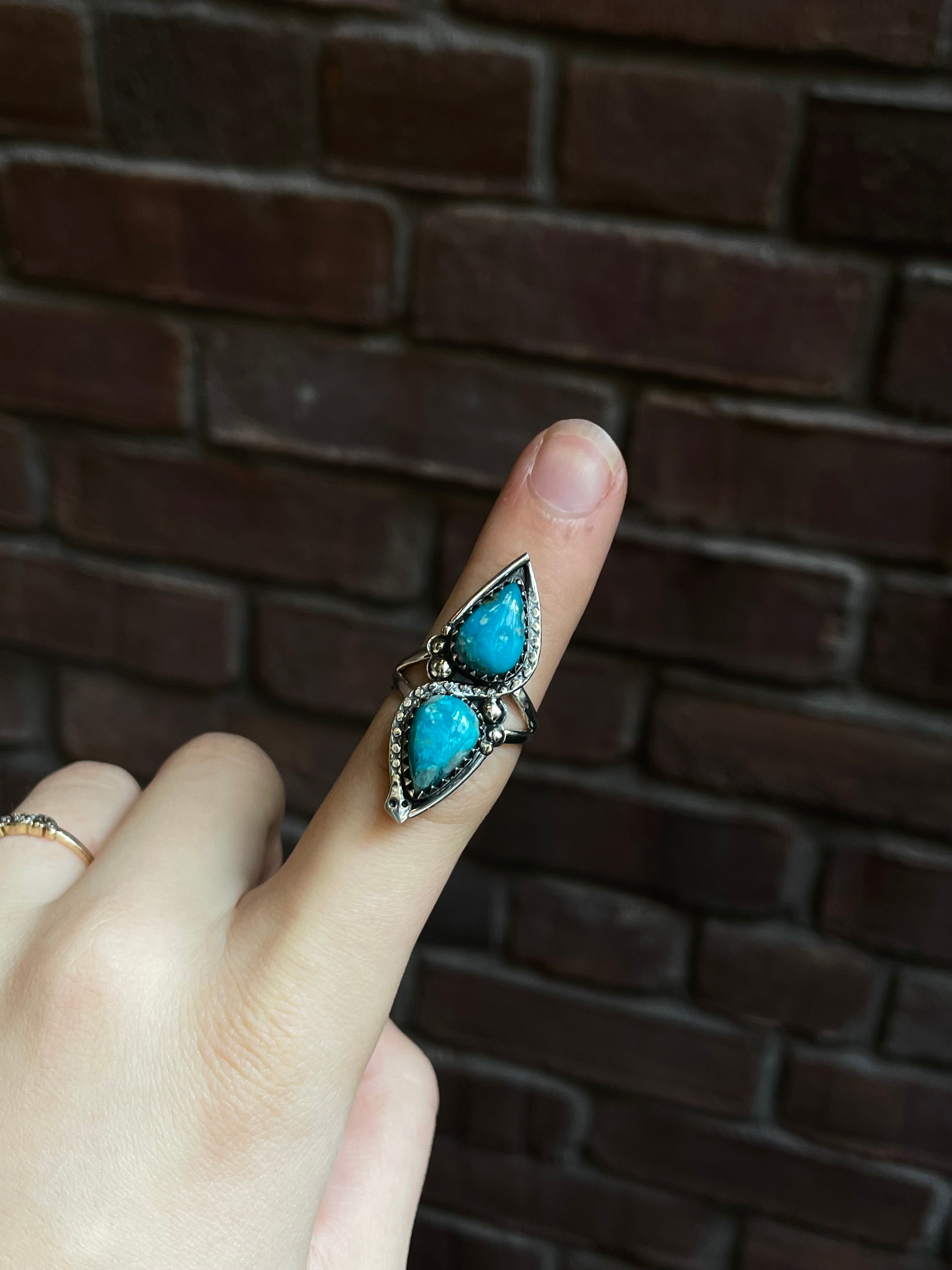 Turquoise Double Stone Ring Size 7 | 925 Sterling Silver C958