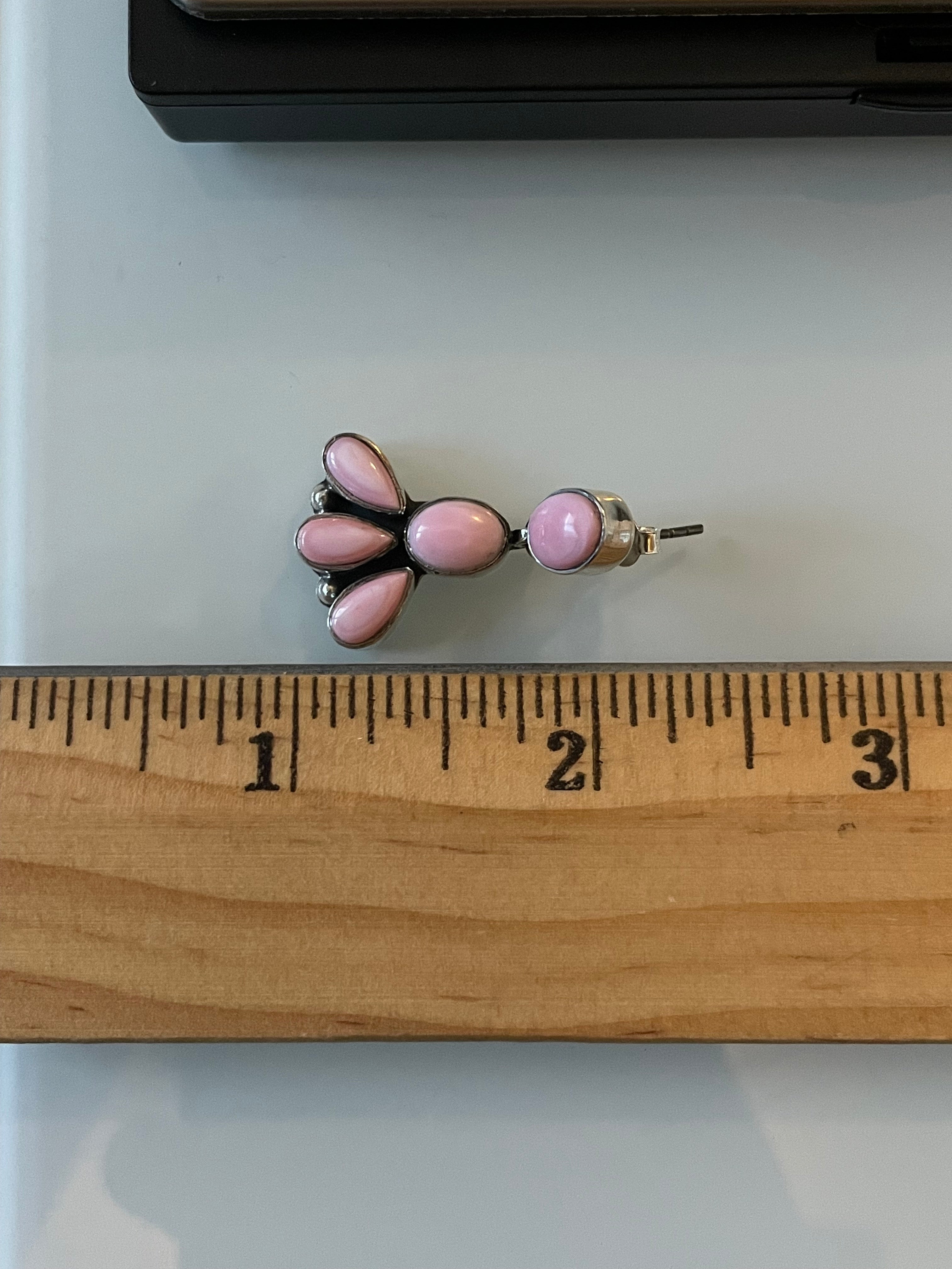 Pink Conch Drop Stud Earrings | Multi Stone Cluster Sterling Silver E673