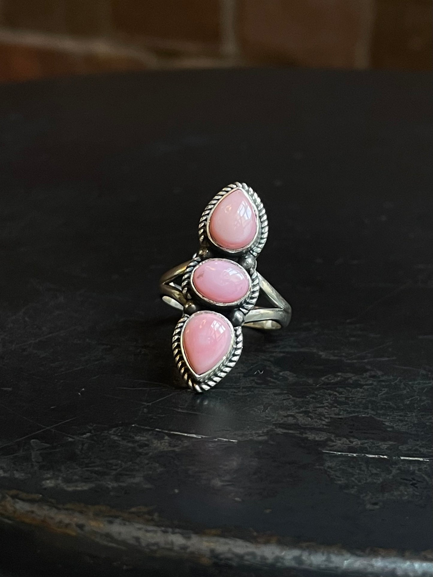 Three Stone Pink Conch Ring | Sterling Silver | Size 9 | A254