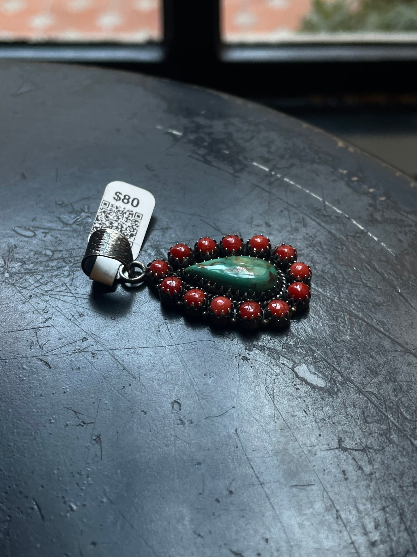 Kingman Turquoise Coral Cluster Pendant | Sterling Silver | A522