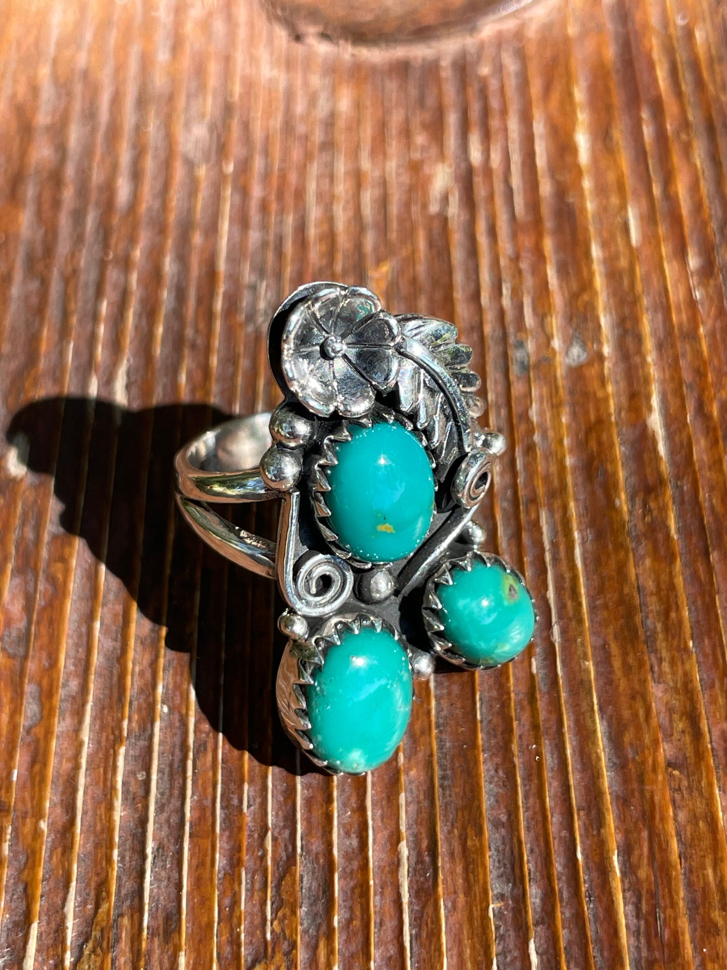 Turquoise Triple Stone Floral Ring Size 6 | Sterling Silver 925 B380