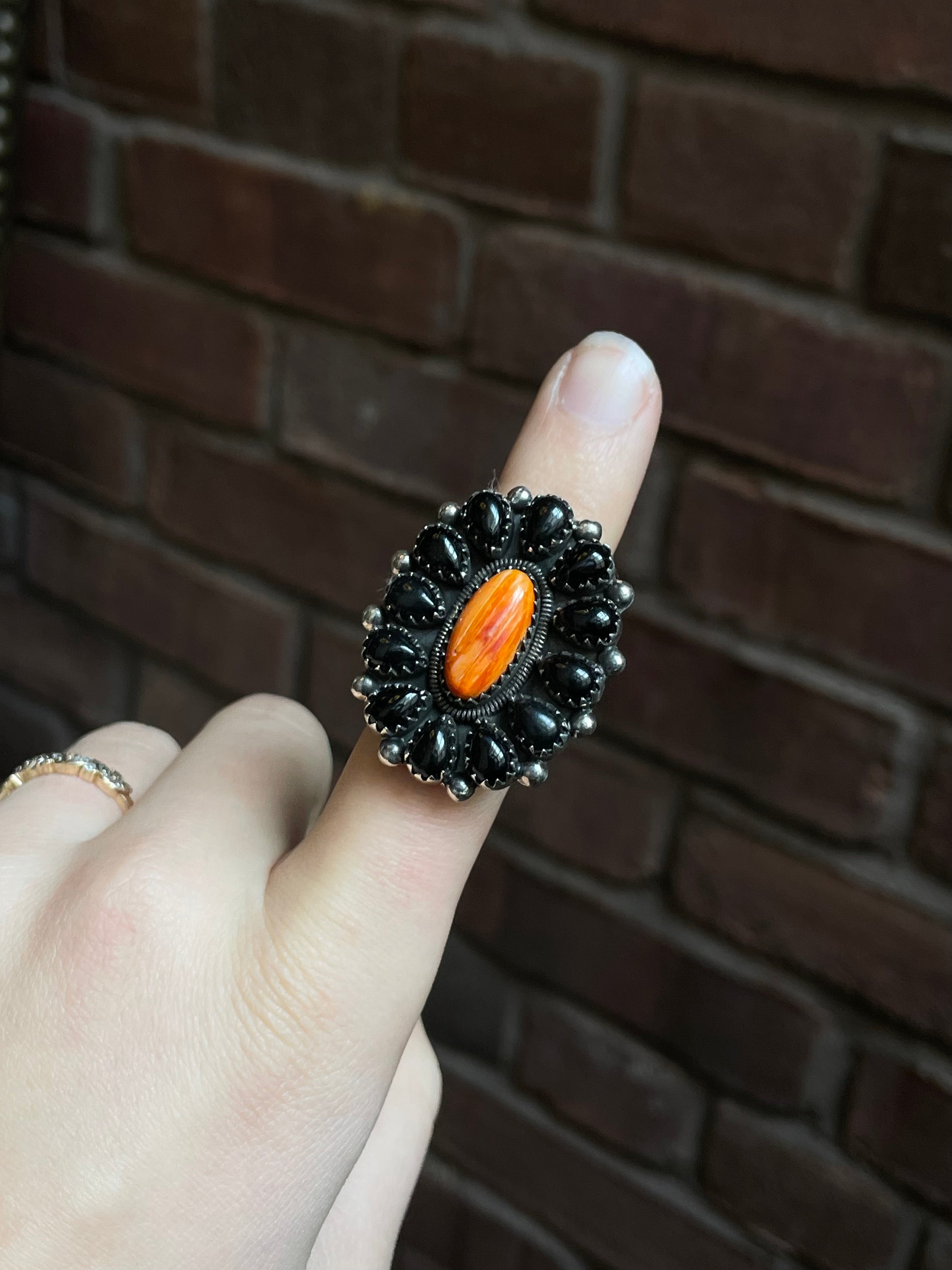 Spiny Oyster Black Onyx Cluster Ring Size 7.5 | 925 Sterling Silver E155