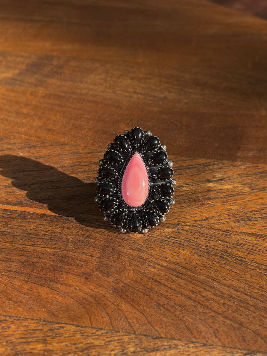 Pink Conch & Black Onyx Ring | Sterling Silver 925 | Size 7 C801