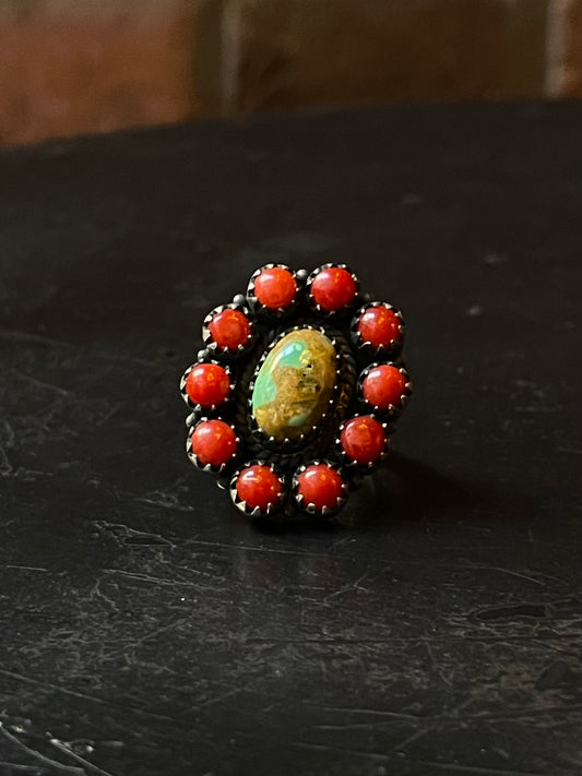 Kingman Turquoise Coral Cluster Ring | Sterling Silver | Size 6 | A181