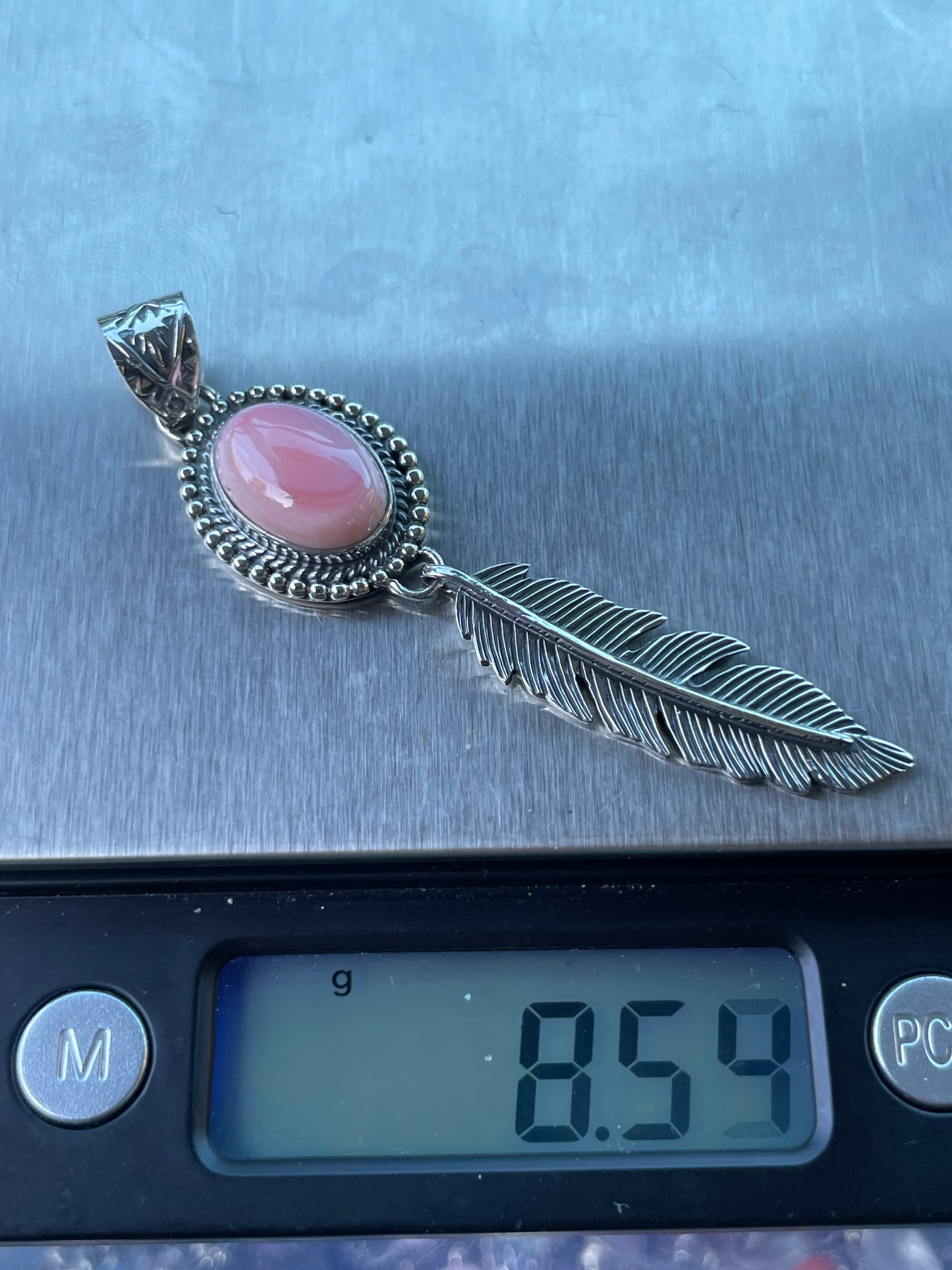 Pink Conch Feather Dangle Pendant with Rope Design | Sterling Silver 925 B464